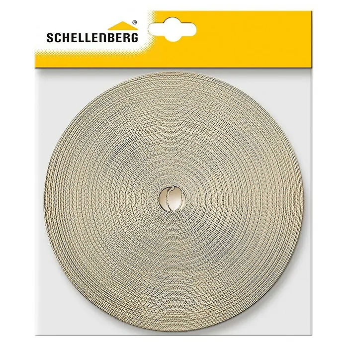Schellenberg Rollladengurt - Beige, Länge: 50 m, Gurtbreite: 23 mm - Ein aufgerolltes Schellenberg Rollladenband in Beige, ideal für die Rollladenreparatur oder den Austausch.