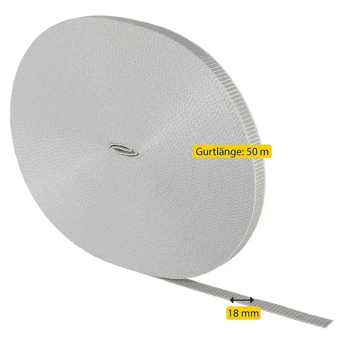 Schellenberg Rollladengurt - Grau, Länge: 50 m, Gurtbreite: 18 mm - Abbildung eines weißen Gurtbandes auf einer Rolle mit den Maßen 18 mm Breite und 50 m Länge.
