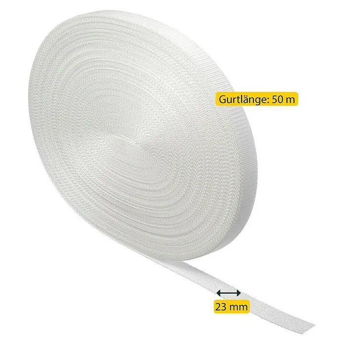 Schellenberg Rollladengurt - Weiß, Länge: 50 m, Gurtbreite: 23 mm - Bild eines 50-Meter-Gurtbandes mit einer Breite von 23 mm, ideal für verschiedene Anwendungen im Handwerks- und Industriebereich.