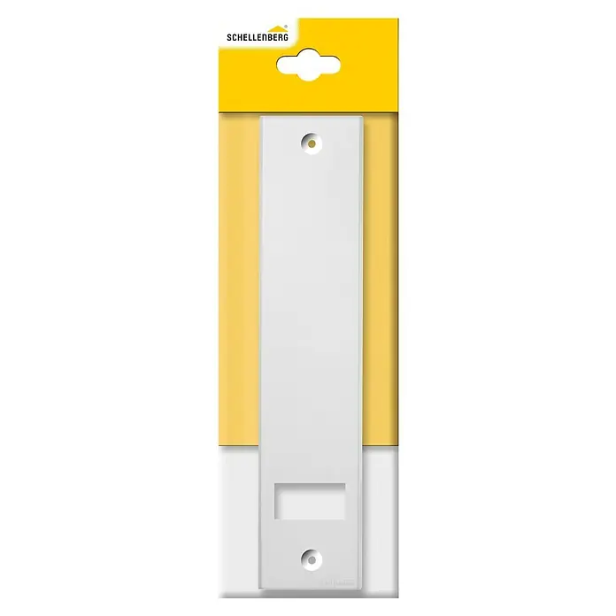 Schellenberg Abdeckplatte Standard - L x B x H: 293 x 56 x 9 mm, Weiß, Lochabstand: 260 mm, Gurtbreite: 23 mm - Nahaufnahme einer Schellenberg Gurtbandabdeckung in Weiß, ideal zur sauberen und stilvollen Abdeckung von Gurtbändern.