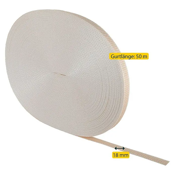 Schellenberg Rollladengurt - Beige, Länge: 50 m, Gurtbreite: 18 mm - Bild einer 50 m langen, 18 mm breiten Textilschlinge auf einer Rolle.