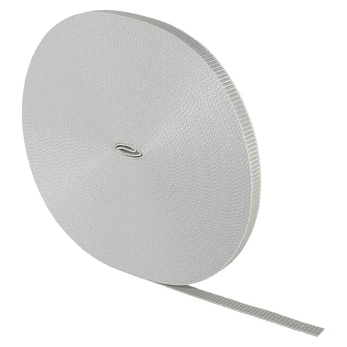 Schellenberg Rollladengurt - Grau, Länge: 50 m, Gurtbreite: 18 mm - Ein Rollenbild mit hellgrauem Gurtband, das sich ideal für eine Vielzahl von Anwendungen eignet. Das Gurtband ist robust und vielseitig.