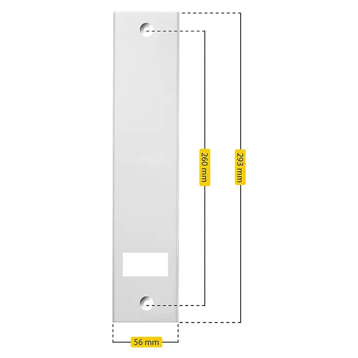 Schellenberg Abdeckplatte Standard - L x B x H: 293 x 56 x 9 mm, Weiß, Lochabstand: 260 mm, Gurtbreite: 23 mm - Abbildung einer weißen Abdeckplatte mit Loch für Elektroinstallationen, inklusive Maßangaben zur Größe der Platte.