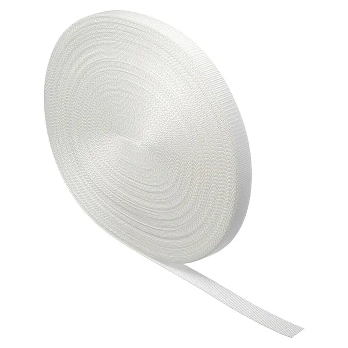 Schellenberg Rollladengurt - Weiß, Länge: 50 m, Gurtbreite: 23 mm - Nahaufnahme einer Rolle weißen Gurtbands, das sich abwickelt und die Textur und Haltbarkeit dieses vielseitigen Produkts für verschiedene Anwendungen zeigt.