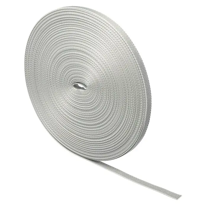 Schellenberg Rollladengurt - Grau, Länge: 50 m, Gurtbreite: 14 mm - Eine Rolle hitzebeständiges Textilband aus Aramidfasern, ideal für den Einsatz in Hochtemperaturumgebungen. Das Band ist aufgerollt und einsatzbereit.