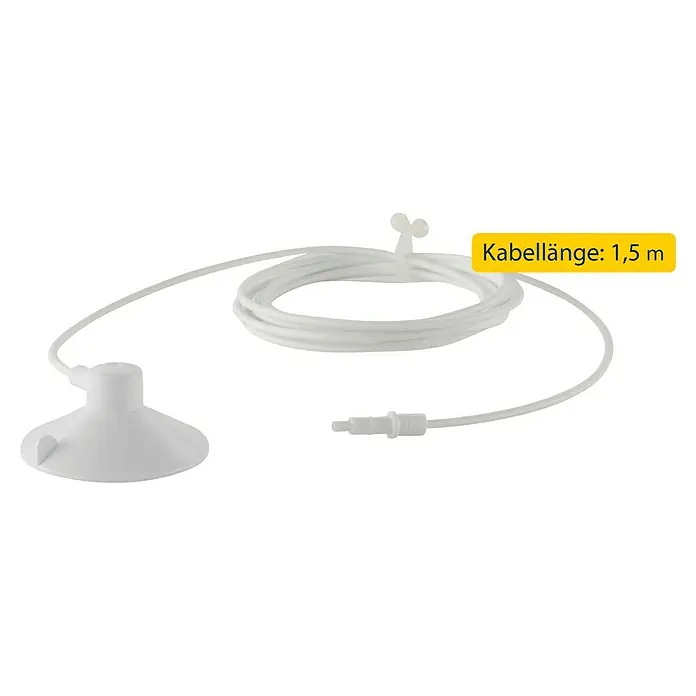 Schellenberg Sonnensensor - Passend für: Schellenberg Rollo Drive 55/65/75/105, Weiß - Das Bild zeigt einen weißen LED-Saugnapf mit einem 1,5 m langen Kabel. Ideal für stimmungsvolle Beleuchtung an Fenstern oder anderen glatten Oberflächen.