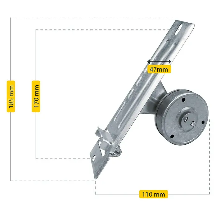 Schellenberg Recogedor de cinta de persiana - Distancia entre orificios: 170 mm, Anchura de la correa: 23 mm - Imagen de un soporte de rodillo con dimensiones de 185 mm de altura, 110 mm de longitud, 170 mm de profundidad y 47 mm de ancho.