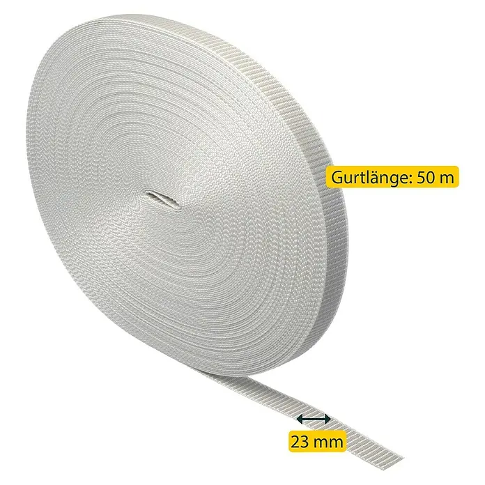 Schellenberg Rollladengurt - Grau, Länge: 50 m, Gurtbreite: 23 mm - Abbildung eines weißen Gurtbandes, 50 m lang und 23 mm breit, aufgerollt, zur vielseitigen Anwendung.