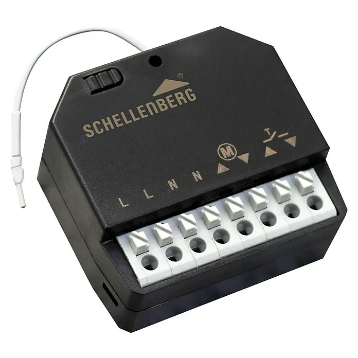 Schellenberg Funk-Empfangsmodul - Reichweite ca.: 20 m - 100 m, Frequenz: 868,4 MHz - Nahaufnahme eines Schellenberg Rolladensteuerungseinsatz mit Beschriftung und Anschlüssen.
