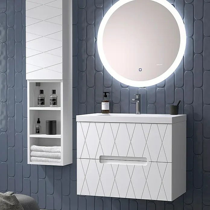 Duplach Mueble bajo de lavabo Nanda - L x An x Al: 45 x 80 x 60 cm, Blanco - Elegante conjunto de baño con mueble de lavabo blanco, armario alto y espejo iluminado. Diseño moderno para un ambiente sofisticado.