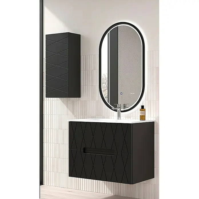 Duplach Mueble bajo de lavabo Nanda - L x An x Al: 45 x 80 x 60 cm, Negro - Elegante conjunto de baño en negro con mueble de lavabo, armario con espejo y espejo LED para un ambiente moderno.