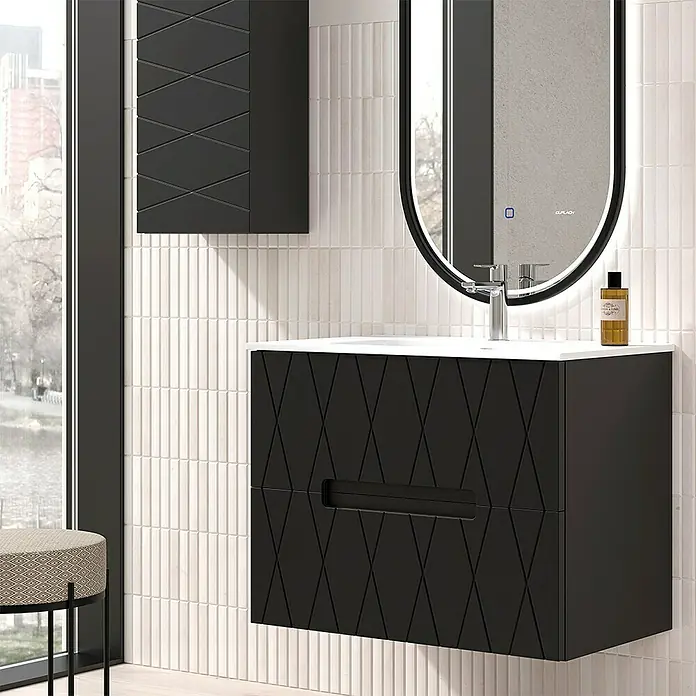 Duplach Mueble bajo de lavabo Nanda - L x An x Al: 45 x 80 x 60 cm, Negro - Elegante conjunto de baño con mueble de lavabo negro, armario de pared a juego y espejo ovalado con iluminación.