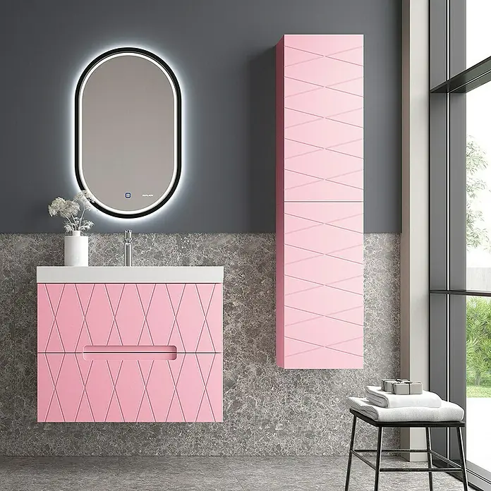Duplach Mueble bajo de lavabo Nanda - L x An x Al: 45 x 80 x 60 cm, Rosa - Elegante conjunto de baño rosa con mueble de lavabo, armario alto y espejo iluminado para un baño moderno y elegante.