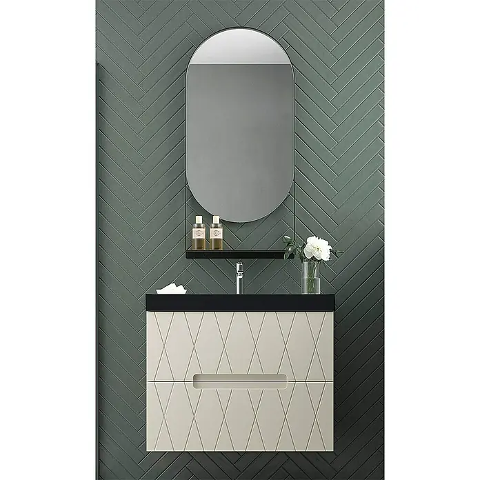 Duplach Mueble bajo de lavabo Nanda - L x An x Al: 45 x 80 x 60 cm, Beige - Elegante lavabo de baño con espejo refinado y grifo moderno. El mueble destaca por su diseño único y los elementos prácticos que incorpora.