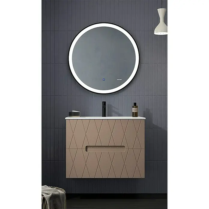 Duplach Mueble bajo de lavabo Nanda - L x An x Al: 45 x 80 x 60 cm, Moka - Mueble de baño con dos cajones y espejo redondo con luz de fondo para un ambiente de baño moderno.