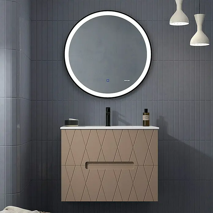 Duplach Mueble bajo de lavabo Nanda - L x An x Al: 45 x 80 x 60 cm, Moka - Elegante conjunto de baño con mueble de lavabo en color arena con diseños geométricos y espejo redondo con iluminación LED para un toque moderno.