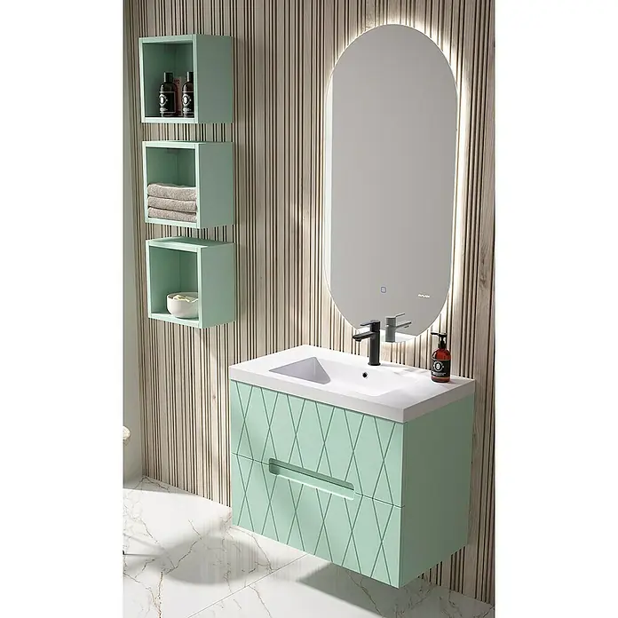 Duplach Mueble bajo de lavabo Nanda - L x An x Al: 45 x 80 x 60 cm, Menta - Baño con un mueble bajo lavabo verde menta con lavabo y espejo iluminado, además de estantes a juego.