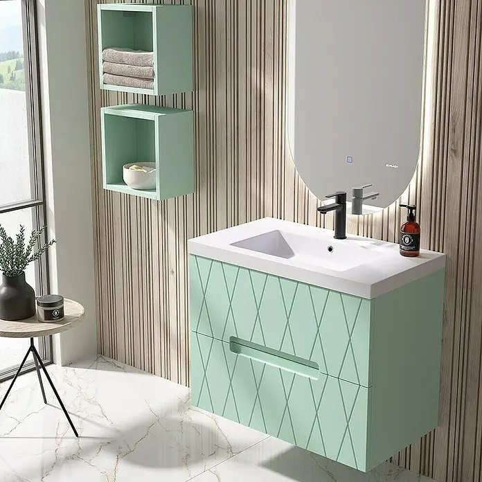 Duplach Mueble bajo de lavabo Nanda - L x An x Al: 45 x 80 x 60 cm, Menta - Un mueble de baño verde claro con un patrón de diamante y una tapa de lavabo blanca, complementado con estantes y espejo a juego.