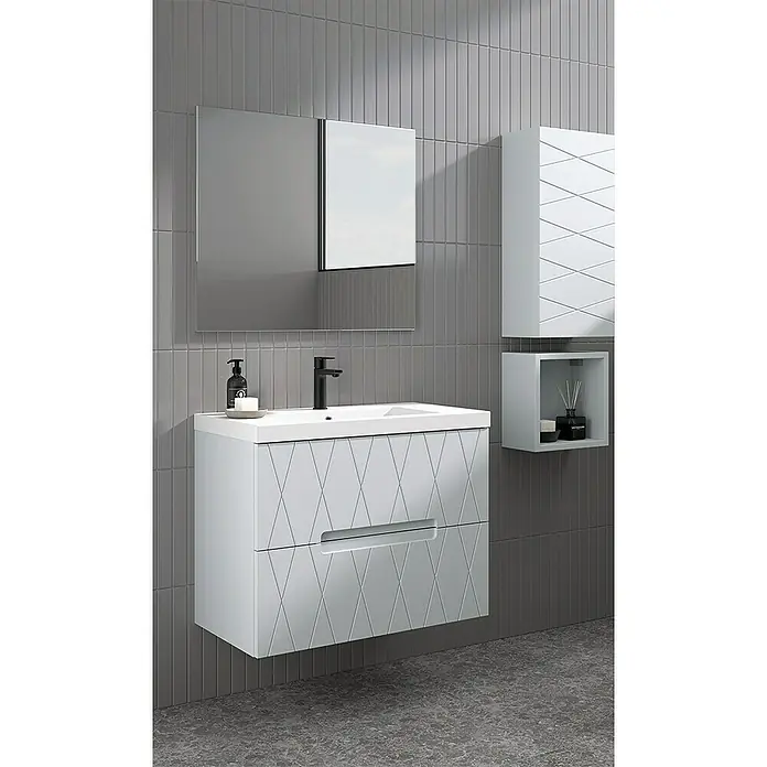 Duplach Mueble bajo de lavabo Nanda - L x An x Al: 45 x 80 x 60 cm, Gris - Conjunto de baño moderno con mueble de lavabo, espejo y armario de pared en gris y blanco.