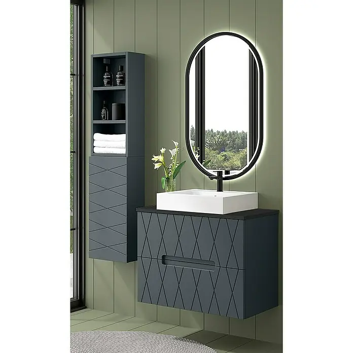 Duplach Mueble bajo de lavabo Nanda - L x An x Al: 45 x 80 x 60 cm, Antracita - La imagen muestra un moderno mueble de baño con lavabo y espejo. El mueble es de color azul oscuro y presenta un patrón geométrico.