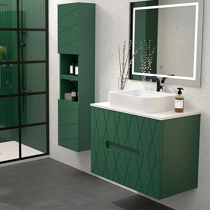 Duplach Mueble bajo de lavabo Nanda - L x An x Al: 45 x 80 x 60 cm, Oliva - Juego de baño verde con mueble bajo lavabo, lavabo, espejo y armario alto para un ambiente elegante.