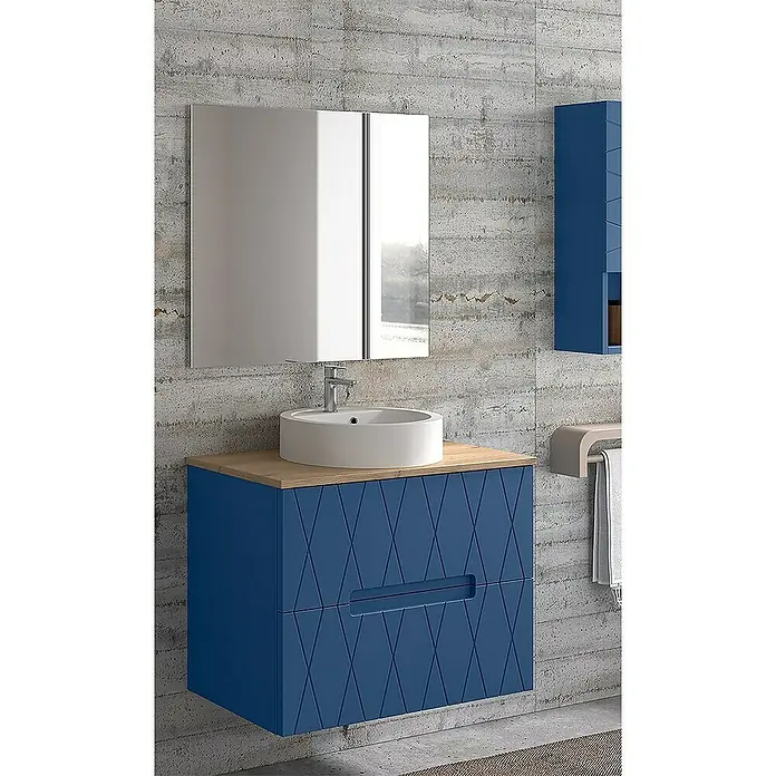 Duplach Mueble bajo de lavabo Nanda - L x An x Al: 45 x 80 x 60 cm, Oceano - Tocador de baño azul con dos cajones, tapa de madera y lavabo redondo bajo un espejo.