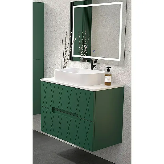 Duplach Mueble bajo de lavabo Nanda - L x An x Al: 45 x 80 x 60 cm, Oliva - Elegante lavabo de baño con mueble verde y lavabo sobre encimera blanco bajo un espejo iluminado.