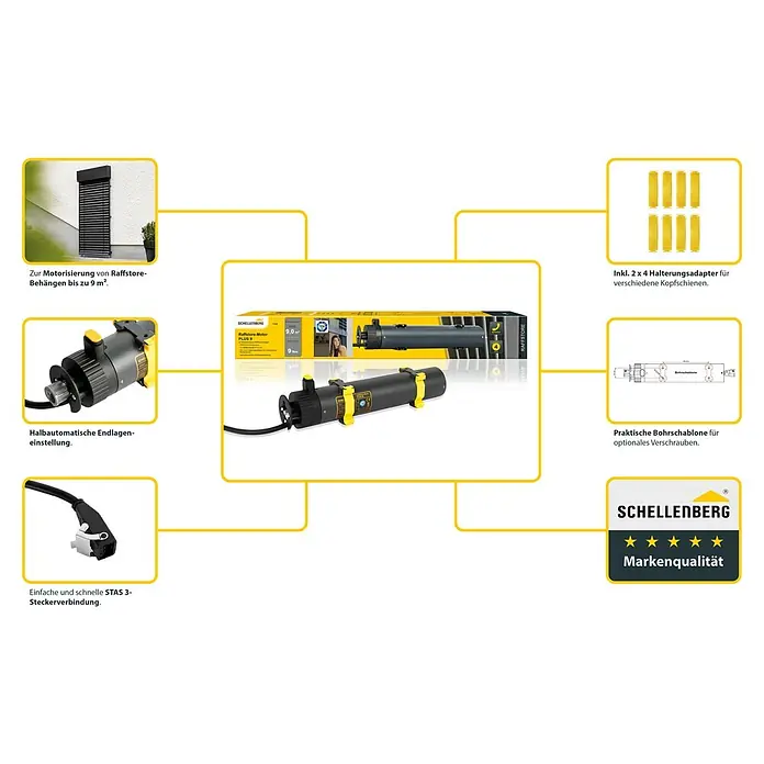 Schellenberg Raffstore-Motor Plus 9 Nm - Länge: 310 mm, Passend für: Motorisierung eines Schellenberg Raffstores mit bis zu 9 m² Fläche - Raffstore-Motor Plus 9: Zur Motorisierung von Raffstore-Behängen bis zu 9 m². Halbautomatische Endlageneinstellung und STAS 3-Steckerverbindung.