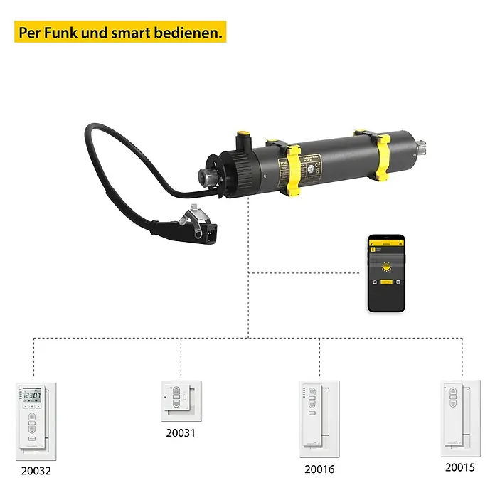Schellenberg Raffstore-Motor Plus 9 Nm - Länge: 310 mm, Passend für: Motorisierung eines Schellenberg Raffstores mit bis zu 9 m² Fläche - Produktbild: Intelligenter Rollladenmotor zur Funk- und Smart-Bedienung mit verschiedenen Steuerungsoptionen.