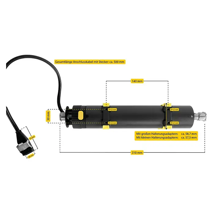 Schellenberg Raffstore-Motor Plus 9 Nm - Länge: 310 mm, Passend für: Motorisierung eines Schellenberg Raffstores mit bis zu 9 m² Fläche - Produktbild mit Maßen. Gesamtlänge Anschlusskabel mit Stecker ca. 500 mm. Die Halterungsadapter haben ca. 58,7 bzw. 57,5 mm.