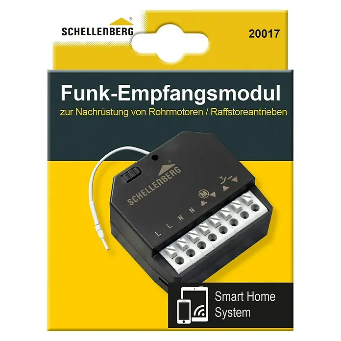 Schellenberg Funk-Empfangsmodul - Reichweite ca.: 20 m - 100 m, Frequenz: 868,4 MHz - Produktabbildung des Schellenberg Funk-Empfangsmoduls zur Nachrüstung von Rohrmotoren und Raffstoreantrieben für Smart Home Systeme.