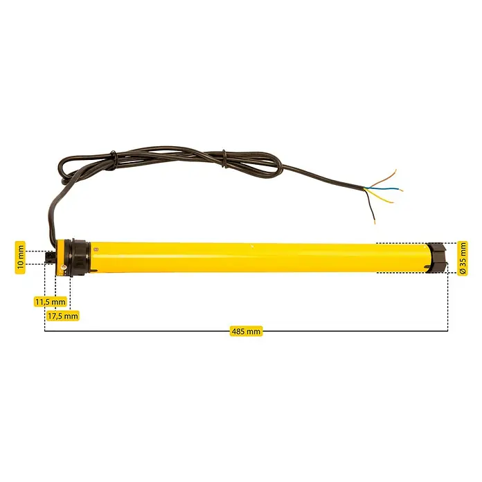 Schellenberg Rohrmotor Rollopower Action Mini 3 - Max. Rollladenfläche: 2 m² bei Kunststoffrollläden, Einbaulänge: 500 mm, Zugkraft: 8 kg - Produktansicht eines gelben Rohrmotors mit Maßangaben für Montage und Durchmesser. Ideal für Rollläden und Sonnenschutzsysteme.