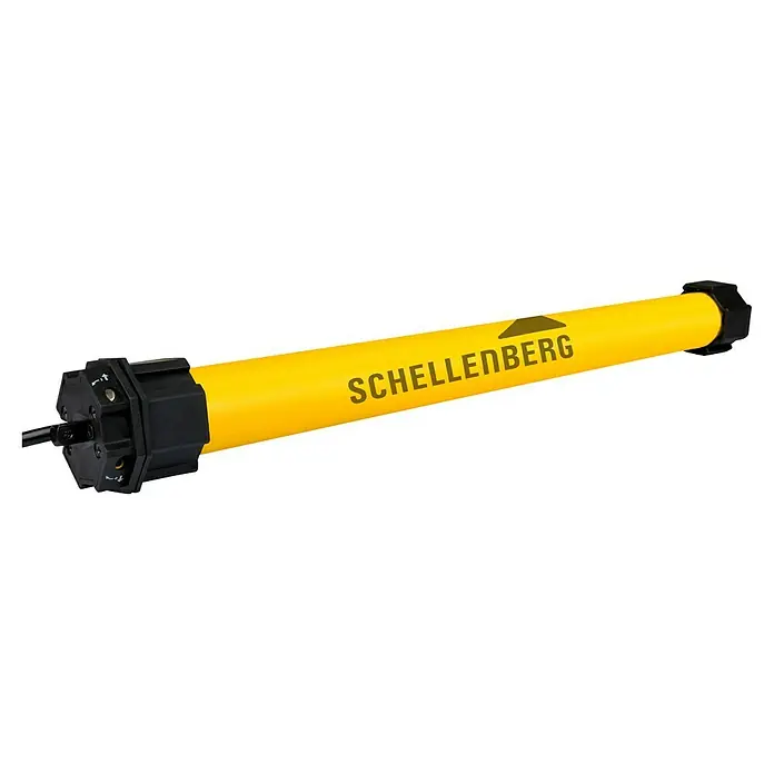 Schellenberg Rohrmotor Maxi Standard 15 - Max. Rollladenfläche: 6,2 m² bei Kunststoffrollläden, Einbaulänge: 500 mm, Zugkraft: 25 kg - Abbildung eines Schellenberg Rolladenantriebs, der durch sein gelbes Gehäuse und schwarze Endstücke besticht.