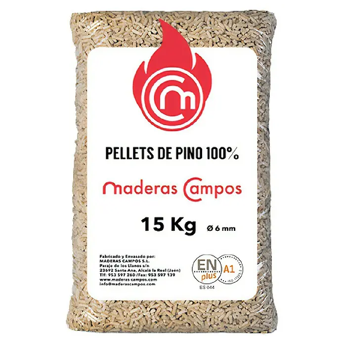 Pellets de madera a Palet - 1.050 kg, 70 ud. - Saco de 15 kg de pellets de pino 100% Madaras Campos, certificados según ENplus A1, de 6 mm de diámetro, ideales para calefacción.