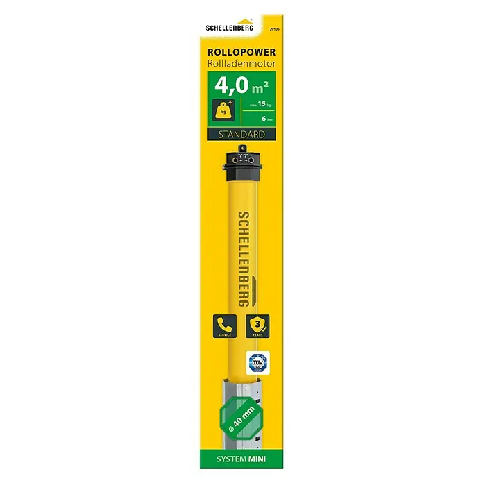 Schellenberg Rohrmotor Mini Standard 6 - Max. Rollladenfläche: 4 m² bei Kunststoffrollläden, Einbaulänge: 500 mm, Zugkraft: 15 kg - Abbildung des Rollladenmotors RolloPower von Schellenberg, ausgelegt für bis zu 4,0 m² Fläche, max. 15 kg Gewicht und einem Durchmesser von 40 mm.