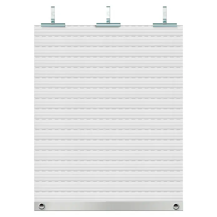 Schellenberg Rollladenpanzer MINI - 120 x 140 cm, Weiß - Ein Rollladen aus horizontalen Lamellen mit silberfarbenen Befestigungen und einer Metallschiene am unteren Ende für Fenster oder Türen.