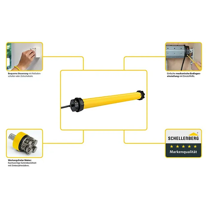 Schellenberg Rohrmotor Rollopower Action Maxi 6 - Max. Rollladenfläche: 3 m² bei Kunststoffrollläden, Einbaulänge: 500 mm, Zugkraft: 15 kg - Produktabbildung eines Schellenberg Rolladenmotors, gelb, mit Details zu Steuerung, Endlageneinstellung und Qualität.