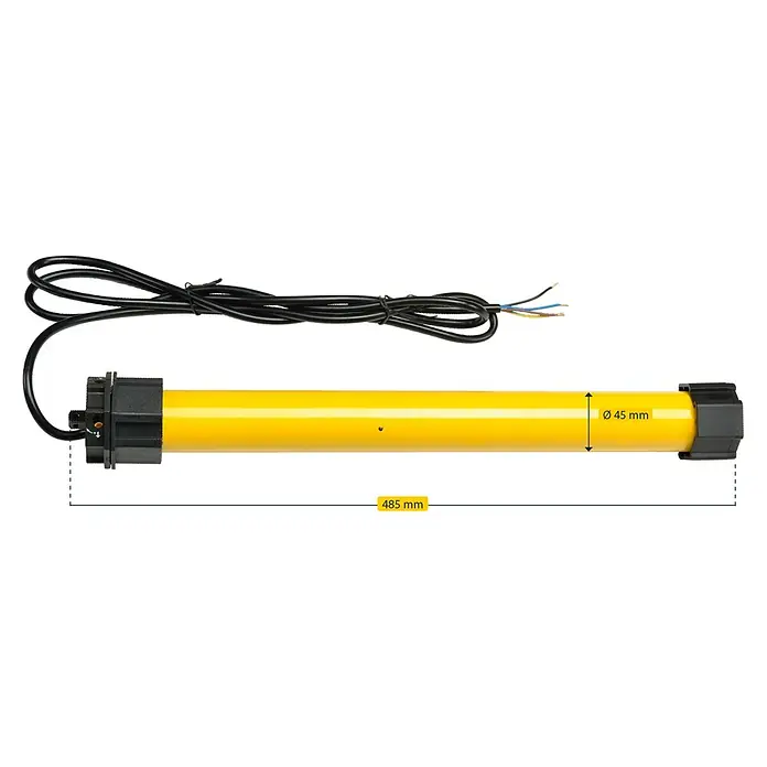 Schellenberg Rohrmotor Maxi Standard 15 - Max. Rollladenfläche: 6,2 m² bei Kunststoffrollläden, Einbaulänge: 500 mm, Zugkraft: 25 kg - Gelber Rohrmotor mit schwarzem Kabel, ideal für Rollläden. Er hat einen Durchmesser von 45 mm und eine Länge von 485 mm.