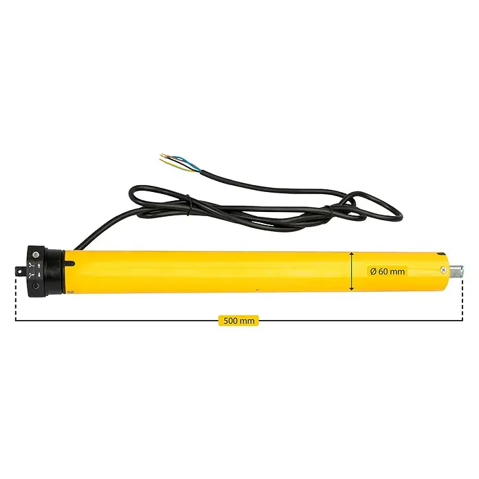 Schellenberg Rohrmotor Rollopower Action Maxi 6 - Max. Rollladenfläche: 3 m² bei Kunststoffrollläden, Einbaulänge: 500 mm, Zugkraft: 15 kg - Gelber Rolladenmotor mit einer Länge von 500 mm und einem Durchmesser von 60 mm. Mit schwarzem Kabel und Anschlusslitzen.