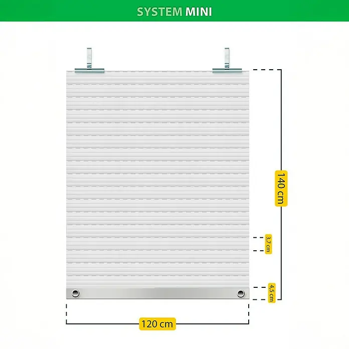 Schellenberg Rollladenpanzer MINI - 120 x 140 cm, Weiß - Abbildung eines Rollladensystems Mini mit den Maßen 120 cm Breite und 140 cm Höhe. Die Grafik zeigt Details des Produkts.