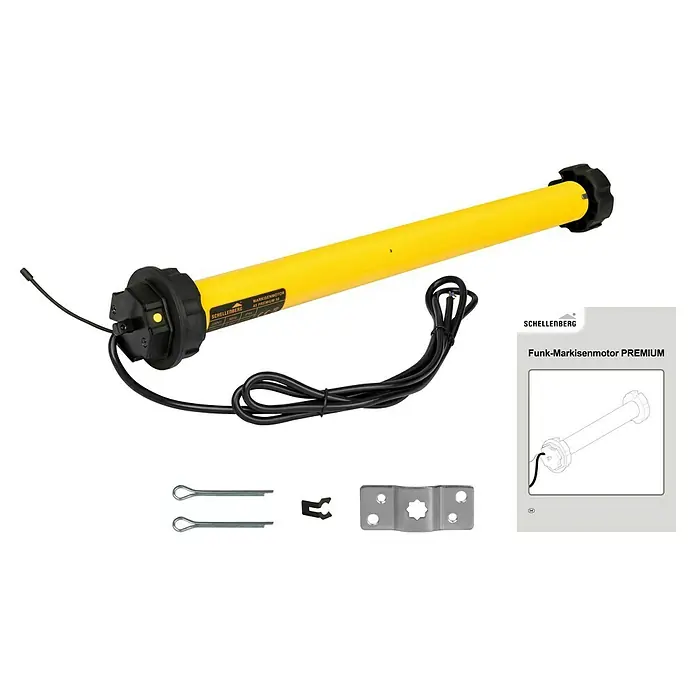 Schellenberg Smart Home Markisenmotor Premium 50 - Länge: 620 mm, Max. Drehmoment: 50 Nm, Geeignet für: Gelenkarmmarkisen - Schellenberg Funk-Markisenmotor Premium 45, ein gelber Rohrmotor mit Zubehör und Bedienungsanleitung für Markisen.