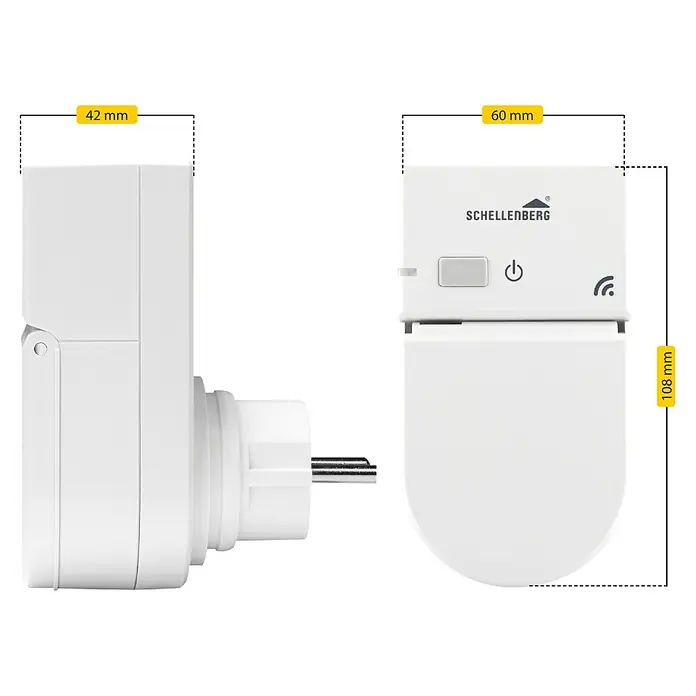 Schellenberg Smart Home Funksteckdose - Außen, Weiß - Produktansicht des Schellenberg Smart Home Zwischensteckers mit Maßangaben.