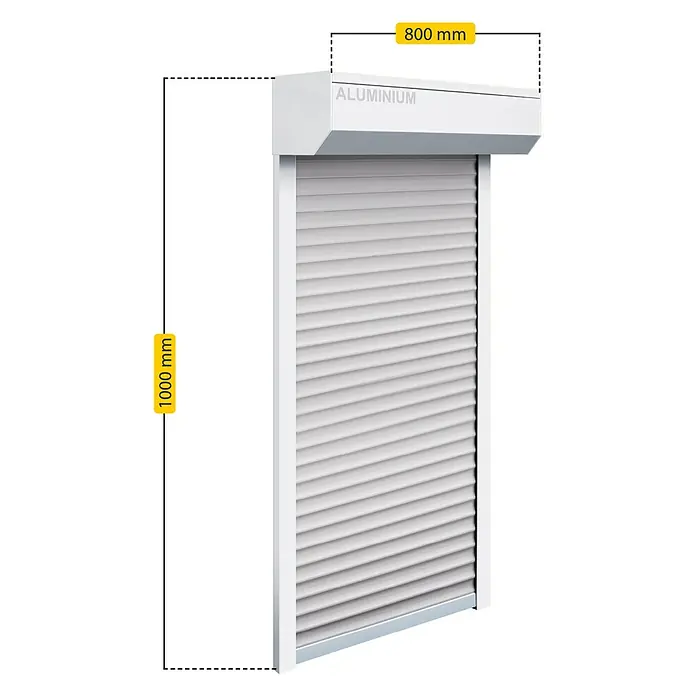 Schellenberg Rollladen-Komplett-Set MINI - Vorbau, 80 x 100 cm - Eine Aluminium-Rolllade in Weiß mit den Maßen 800 mm x 1000 mm. Perfekt für Fenster und Türen, bietet Schutz und Sicherheit.