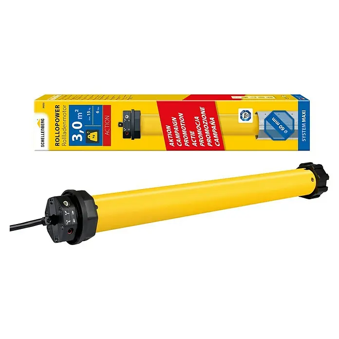Schellenberg Rohrmotor Rollopower Action Maxi 6 - Max. Rollladenfläche: 3 m² bei Kunststoffrollläden, Einbaulänge: 500 mm, Zugkraft: 15 kg - Abbildung eines Schellenberg RolloPower Rollladenmotors mit einer Kapazität von 3,0 m², ideal für die Automatisierung von Rollläden.