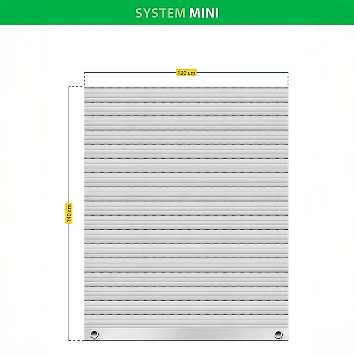 Schellenberg Rollladenpanzer MINI - 120 x 140 cm, Achatgrau - Das Bild zeigt ein Rollo "System Mini" mit den Maßen 120 cm Breite und 140 cm Höhe, ideal für kleinere Fenster.