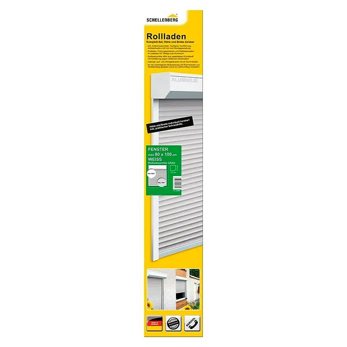 Schellenberg Rollladen-Komplett-Set MINI - Vorbau, 80 x 100 cm - Abgebildet ist eine Schellenberg Rollladen Komplett-Set in Weiß, individuell kürzbar für Fenster bis max. 80 x 100 cm. Inklusive Zubehör.