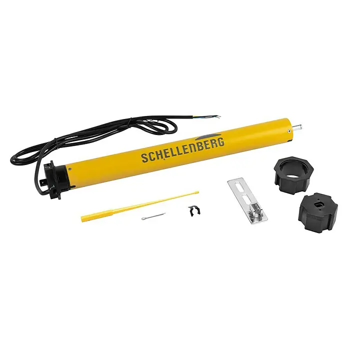 Schellenberg Rohrmotor Maxi Standard 10 - Max. Rollladenfläche: 4,2 m² bei Kunststoffrollläden, Einbaulänge: 500 mm, Zugkraft: 20 kg - Nahaufnahme eines Schellenberg Rolladenantriebs mit Zubehör. Der gelbe Motor mit schwarzem Kabel ist das Kernstück des Sets.