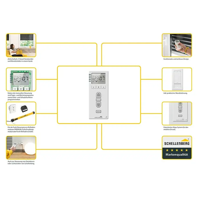 Schellenberg Funk-Zeitschaltuhr Premium - Unterstützte Systeme: Abus Smart Friends System, Geeignet für: 25 Funk-Motoren - Intelligente Schellenberg-Zeitschaltuhr: Steuern Sie Rollläden und Geräte bequem per Funk. Inklusive vielseitiger Funktionen und Wandhalterung.