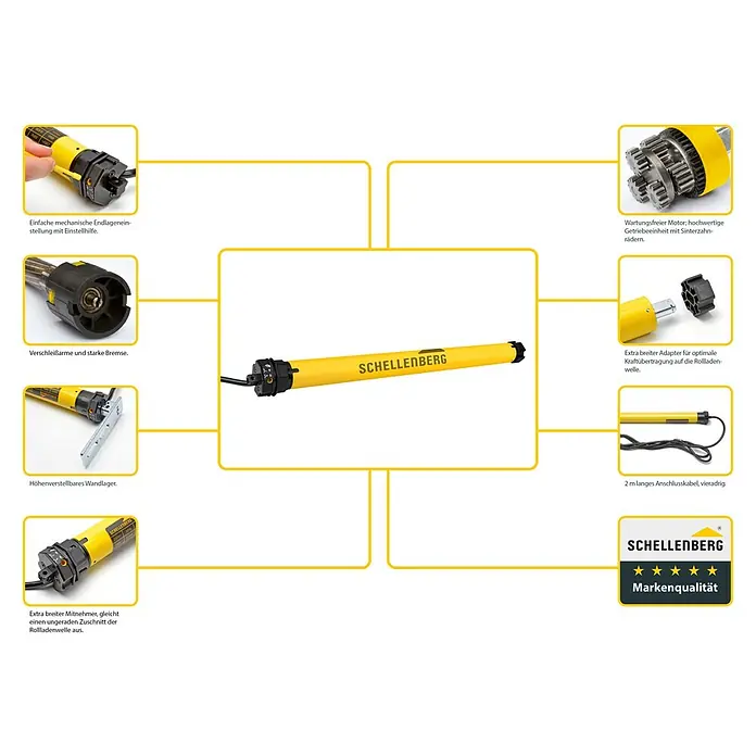 Schellenberg Rohrmotor Mini Standard - Max. Rollladenfläche: 6 m² bei Kunststoffrollläden, Einbaulänge: 500 mm, Zugkraft: 25 kg - Produktübersicht des Schellenberg Rolladenmotors mit Details zu Endlageneinstellung, Motor, Bremse, Adapter, Wandlager und Anschlusskabel.