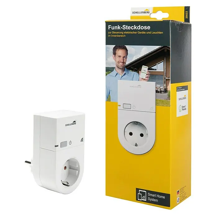 Schellenberg Smart Home Funksteckdose - Innen, Weiß - Nahaufnahme eines Schellenberg Funk-Steckdosen-Sets mit Steckdose und Verpackung, ideal für Smart Home Anwendungen.